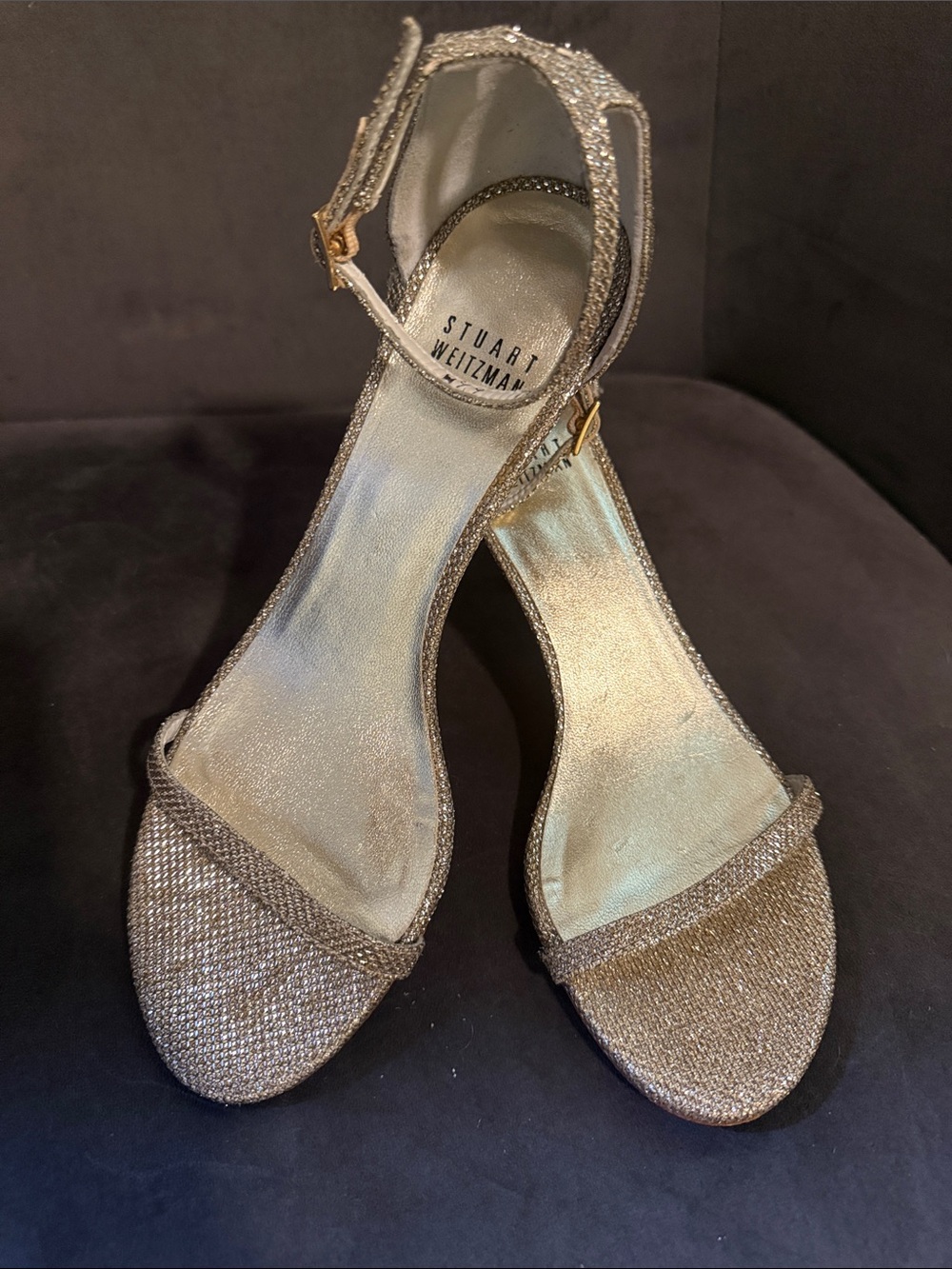 Stuart Weitzman Metallic Gold Open-Toe Ankle-Strap Heels